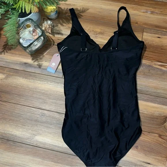 Women’s One Piece Black Swimsuit Ruching Criss Cross Adjustable Straps Sz M - Picture 3 of 9